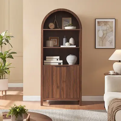 PieDle Furniture Arched Cabinet Bookshelf Bookcase - 71” Tall Mid Century Arched Display Cabinets, Rounded Bookshelf with F...