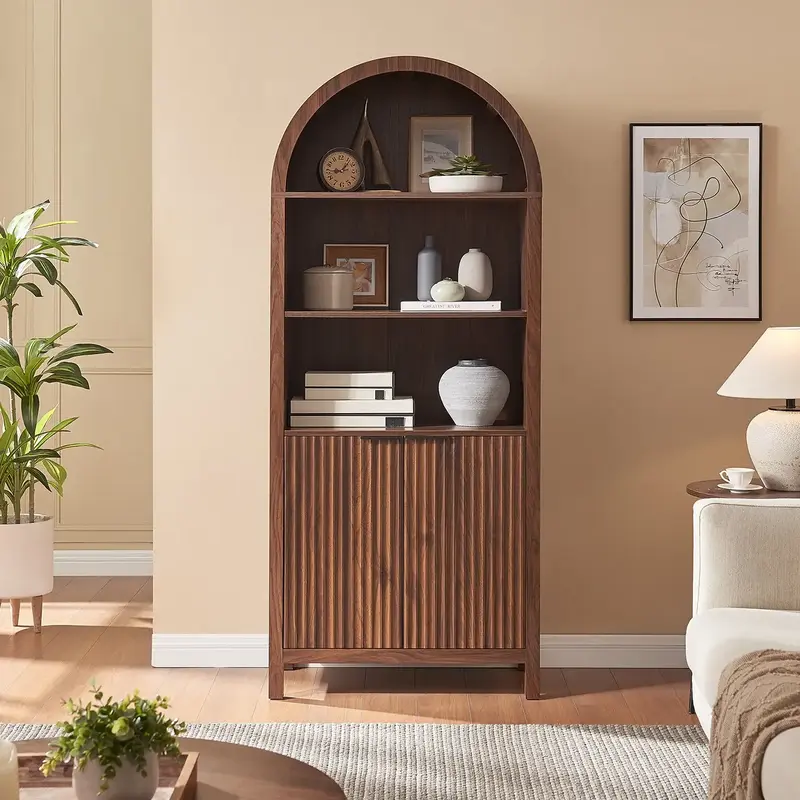 PieDle Furniture Arched Cabinet Bookshelf Bookcase - 71” Tall Mid Century Arched Display Cabinets, Rounded Bookshelf with F...