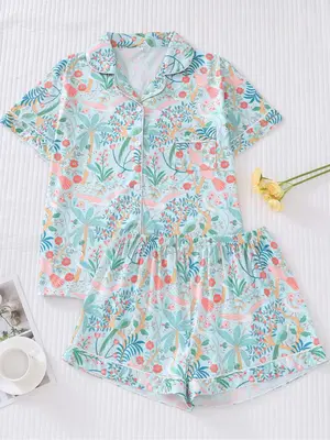 Two-Piece Set Women's Tropical Floral Print Contrast Binding Shirt & Shorts Pyjama Set, Summer Outfits 2024, Casual Comfy But...