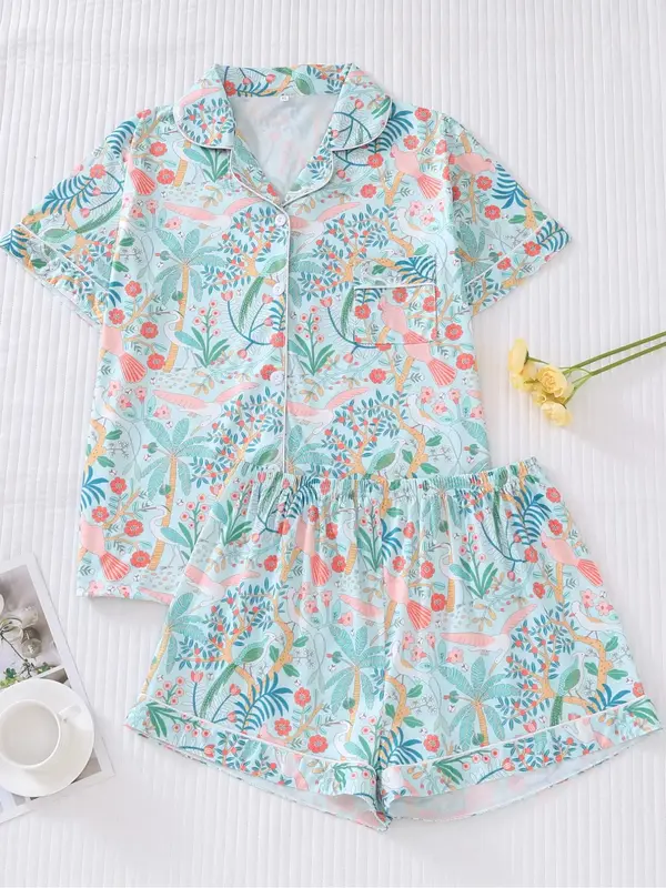 Two-Piece Set Women's Tropical Floral Print Contrast Binding Shirt & Shorts Pyjama Set, Summer Outfits 2024, Casual Comfy But...