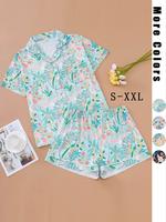 Two-piece Set Women's Style Tropical Print Contrast Binding Pajama Set, Casual Fit Soft Short Sleeve Button Front Pocket Shir...