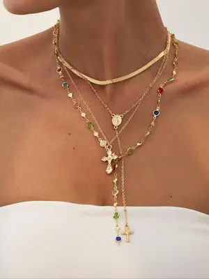 4 Piece Vintage Metal Jesus Cross Y-style Long Necklace Set, Stunning Bohemian Colorful Crystal Religious Pendant Daily Wear ...