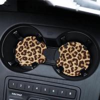 Leopard-Print Car Coaster, Round Anti-slip Heat Insulation Car Cup Holder Pad, Car Interior Decoration Accessories for Women...