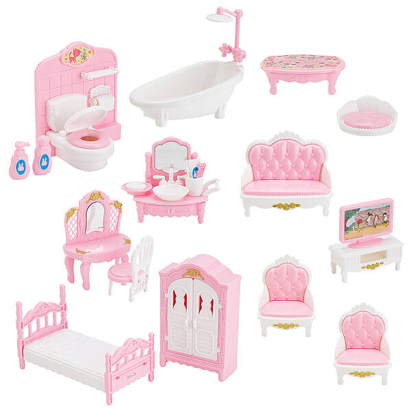 Plastic Doll Bedroom & Bathroom & Living Room Furniture Kit