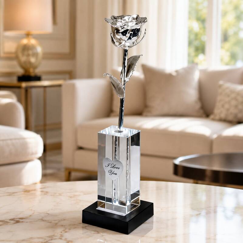 Illuminated 8 Silver Rose in 4.5 Personalized Crystal Vase