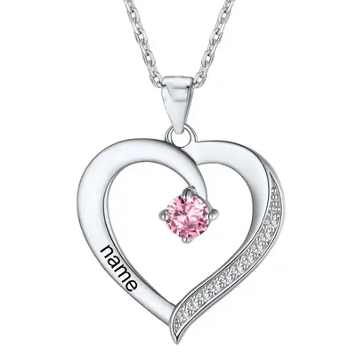 10K Personalized Birthstone Engraving Heart Pendant Necklace For Women
