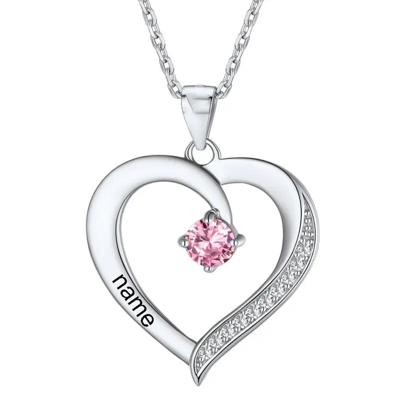 10K Personalized Birthstone Engraving Heart Pendant Necklace For Women