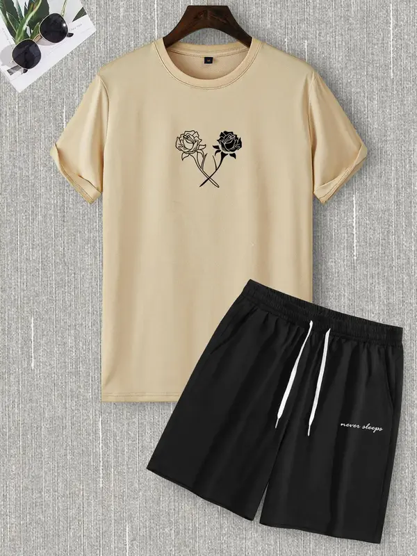 Men's Regular Fit Floral Letter Two Piece Set, Casual Streetwear T-shirt & Drawstring Pocket Shorts for Men, Summer Clothing...