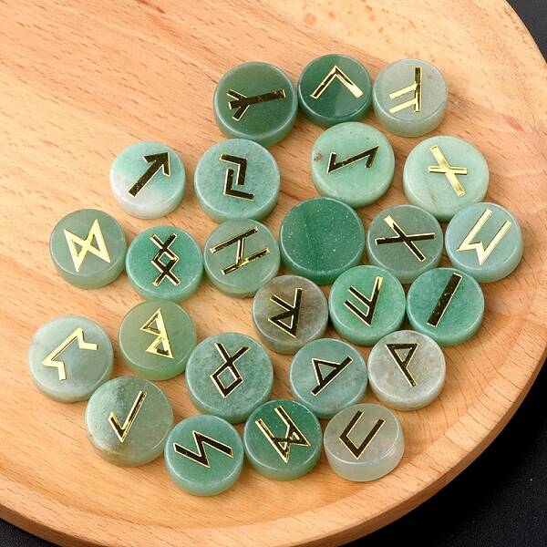 Tumbled Natural Green Aventurine with Carved Rune Words