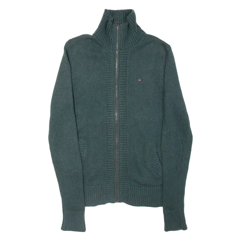 TOMMY HILFIGER Mens Cardigan Green High Neck Tight Knit M
