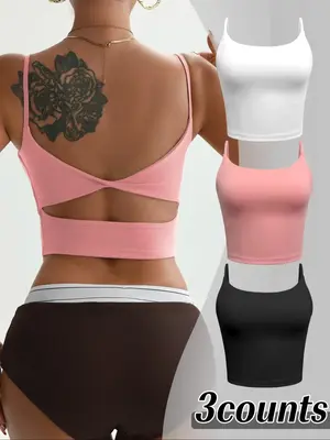 Women's Solid Color Sleeveless Sports Bra, Breathable Comfortable Backless Sports Bra, Ladies Sportswear for Indoor Outdoor W...