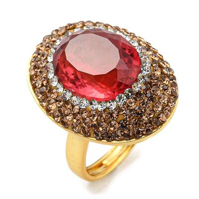 Red Glass Oval Adjustable Ring with Rhinestone
