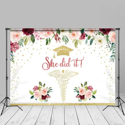 Glitter Pink Floral She Did It Graduation Backdrop - Aperturee