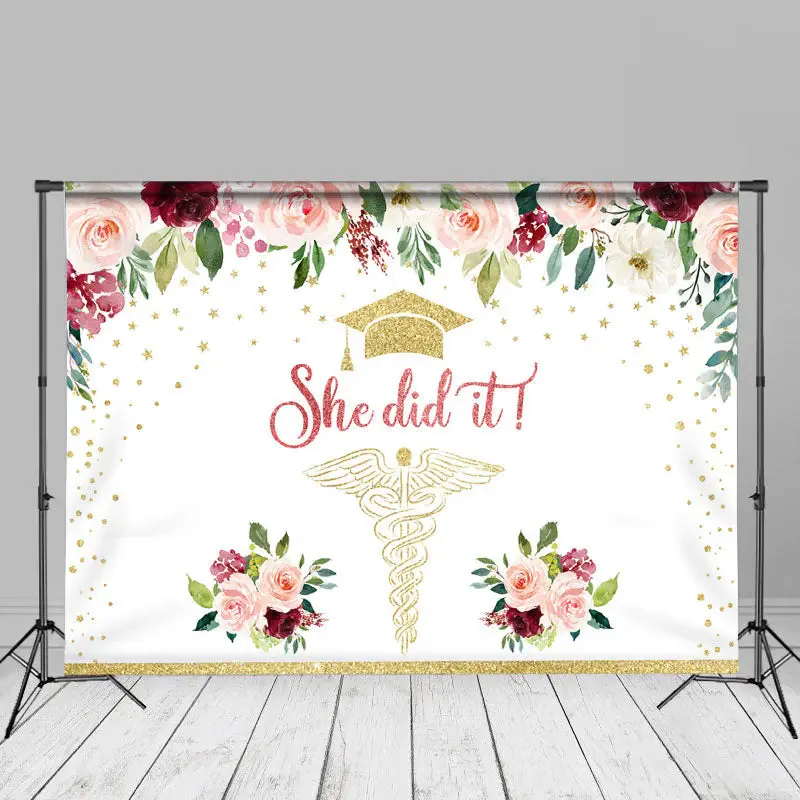 Glitter Pink Floral She Did It Graduation Backdrop - Aperturee