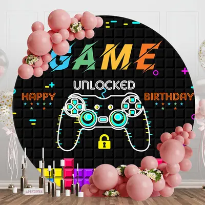 Aperturee Black Tetris Wall Game Round Happy Birthday Backdrop | Round Party Backdrop | Birthday Backdrop Ideas | Round Birth...