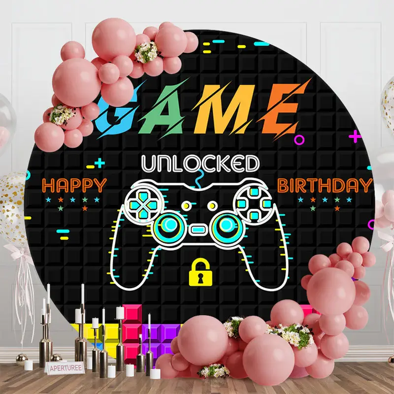 Aperturee Black Tetris Wall Game Round Happy Birthday Backdrop | Round Party Backdrop | Birthday Backdrop Ideas | Round Birth...