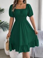 Women's Elegance Plain Ruffle Hem Shirred Puff Sleeve A Line Frenchy Style Dress, Elegant Short Sleeve Square Neck Midi Dre...