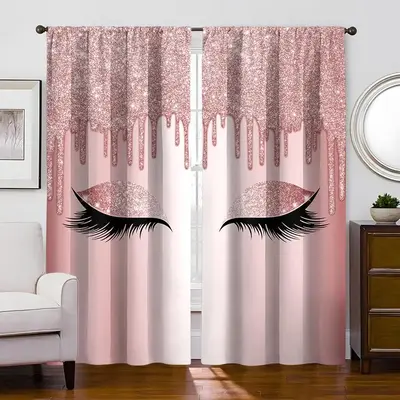 Glitter Eyelash Pattern Curtain Set, 2 Counts/set Creative Pattern Curtain, Summer Home Decor Window Curtain for Living Room...