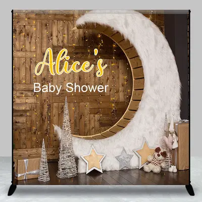 Wooden House Moon Custom Name Baby Shower Backdrop - Aperturee