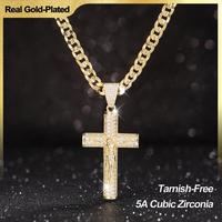 14K Real Gold-Plated Cross Necklace for Men, Advanced Nanotech Tarnish-Free Cuban Figaro Rope Miami Chains with Jesus Crucifi...