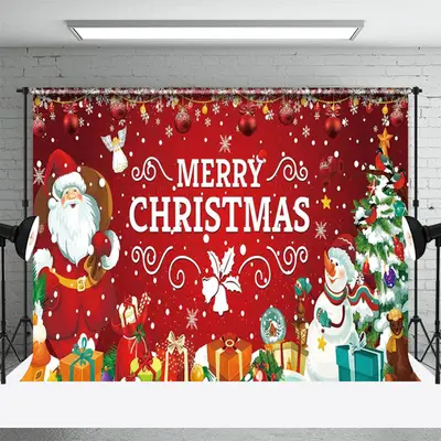 Red Christmas Tree Santa Gifts Snowman Xmas Backdrop - Aperturee