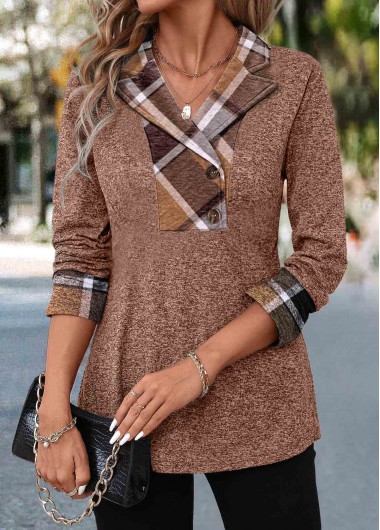 Modlily Dark Coffee Patchwork Plaid Long Sleeve Blouse - L