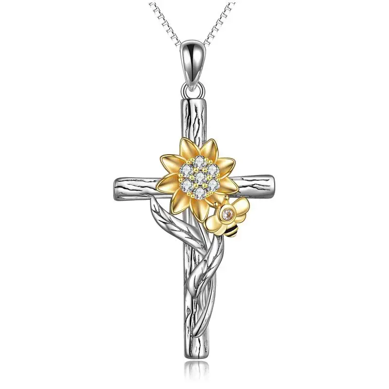 Sterling Silver Two-tone Circular Shaped Zircon Sunflower & Cross Pendant Necklace