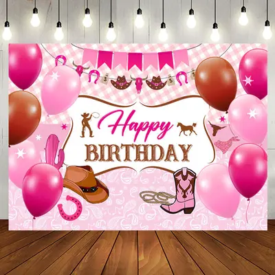 Pink Plaid Balloons Cowgirl Boots Birthday Backdrop - Aperturee