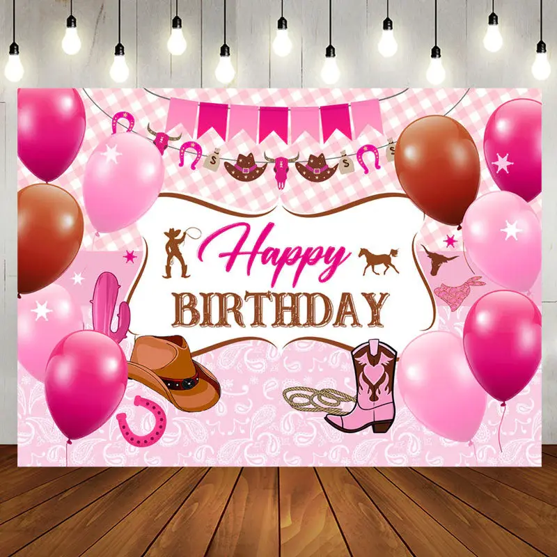 Pink Plaid Balloons Cowgirl Boots Birthday Backdrop - Aperturee