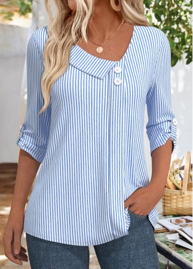Modlily Blue Striped 3/4 Sleeve Asymmetrical Neck Blouse - XXL