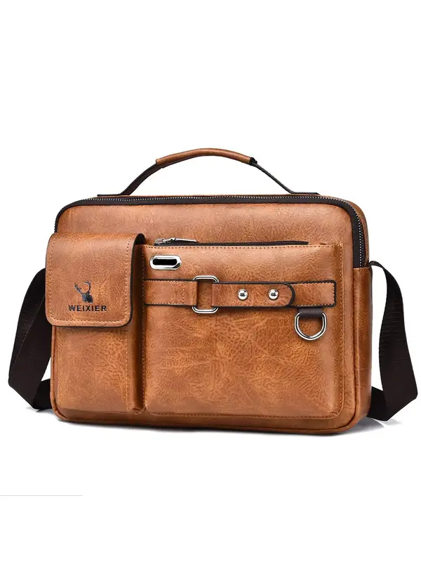 Men's Summer Business PU Leather Messenger Bag As Work Bag, Casual Plain Zipper Crossbody Bag with Adjustable Strap, Fashiona...