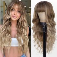 Ombre Blonde with Dark Root Wig with Bangs Long Blonde Wavy Wigs for Women Synthetic Curly Wavy Wigs with Dark Root Middle Pa...