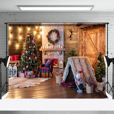 Wooden House Strip Light Tree Christmas Backdrop - Aperturee