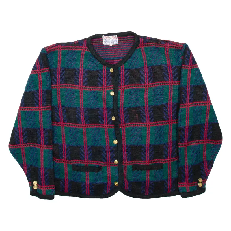 TALLY-SO Womens Patterned Cardigan Green Check 90s Chunky Knit XL