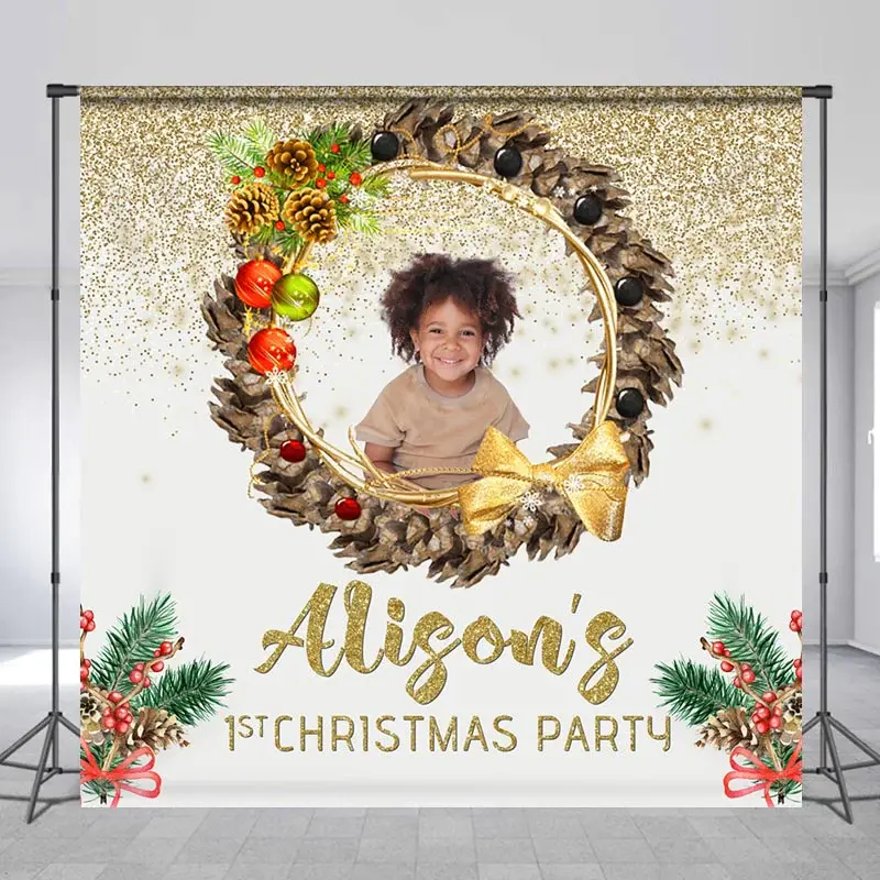 Wreath Gold Custom Photo 1st Christmas Backdrop - Aperturee