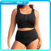 Plus Size Two Piece Swimsuit - Womens High Waisted Bikini Tummy Control Bathing Suit Ribbed 2025 Swimwear
