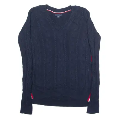 TOMMY HILFIGER Womens Jumper Blue V-Neck Cable Knit XXS