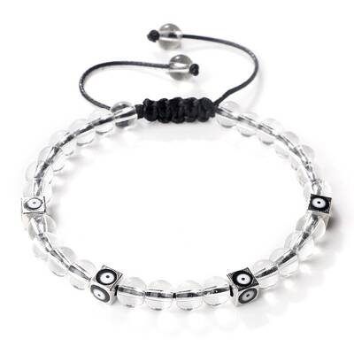 Trendy Ethnic Style Cube Evil Eye & Round Natural Quartz Crystal Beaded Stretch Bracelets