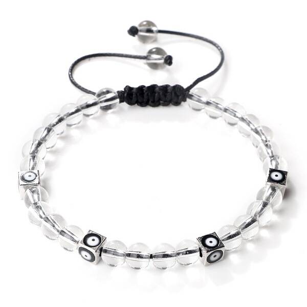 Trendy Ethnic Style Cube Evil Eye & Round Natural Quartz Crystal Beaded Stretch Bracelets