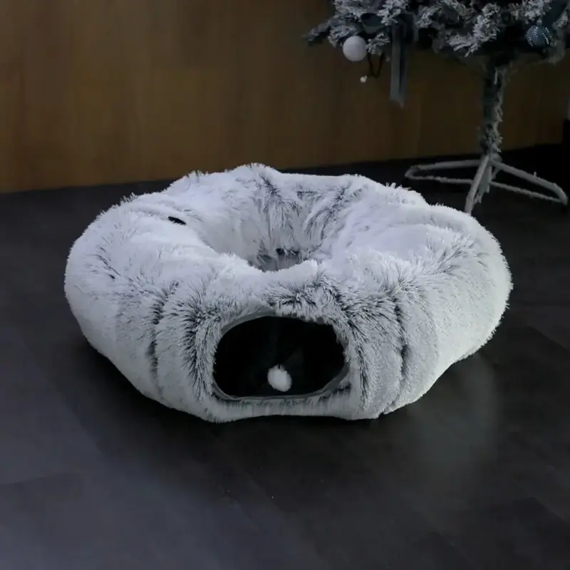 Large Cat Tunnel Tube Toys 3 Shape to Play for Indoor Cats Kittens Puppies, Round Plush Fluffy Cat Bed