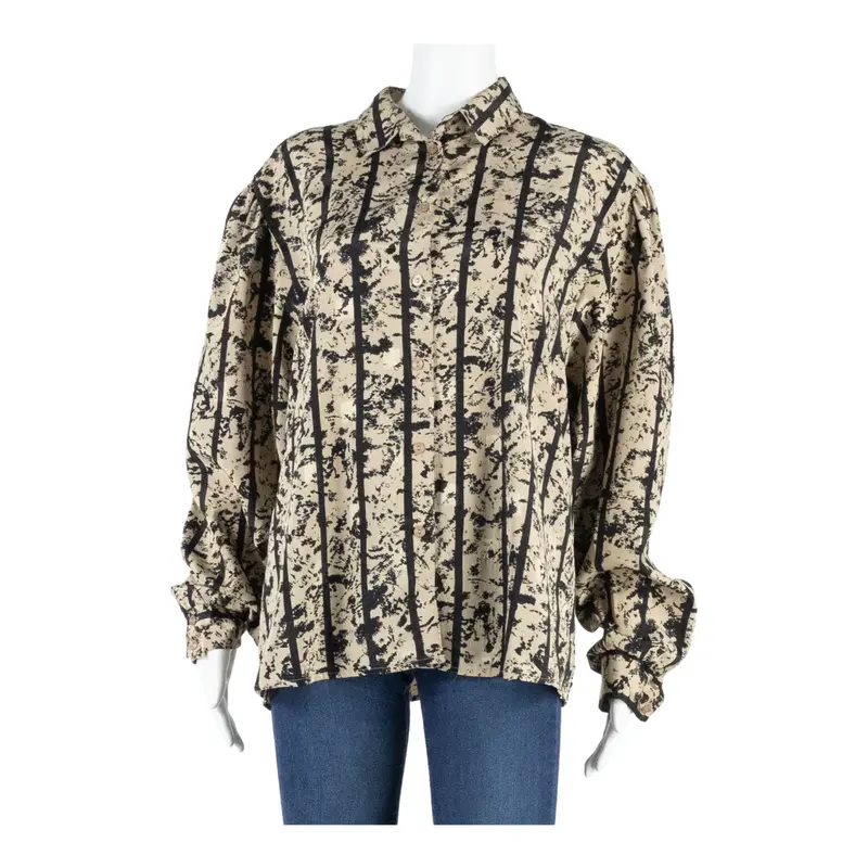 Womens Printed Blouse Brown Puff Sleeve Striped XL