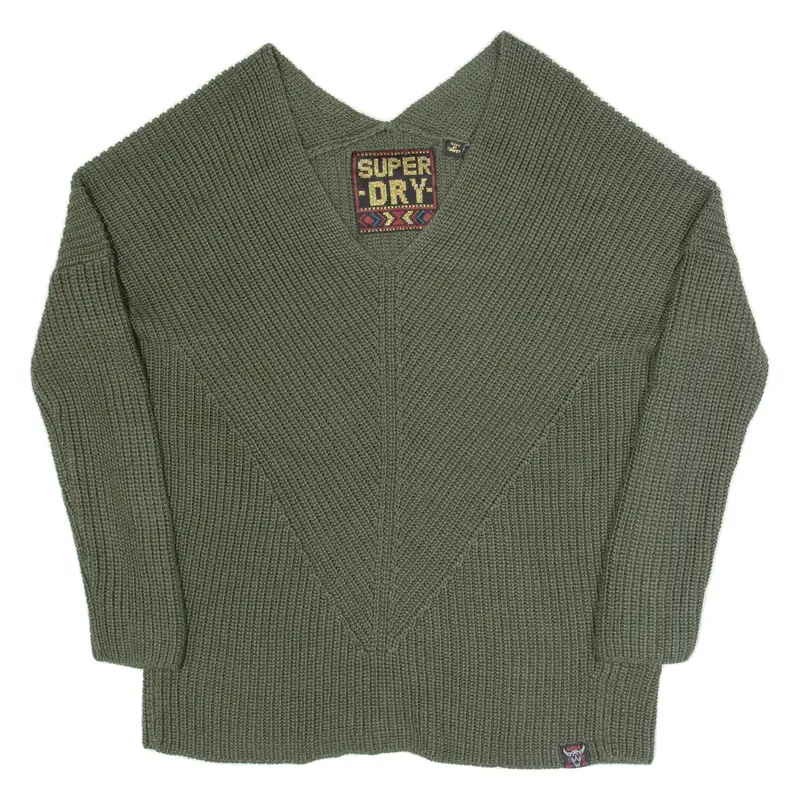 SUPERDRY Womens Jumper Green V-Neck Chunky Knit UK 10
