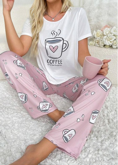 Modlily Pink Short Sleeve Round Neck Lounge Top and Pants - L