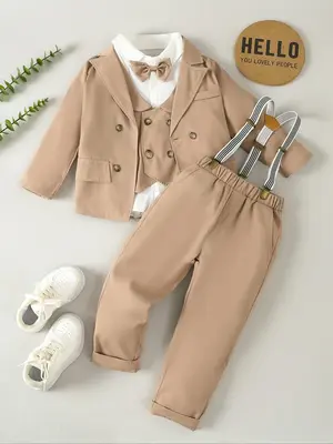 Boy's Solid Button Front Blazer & Vest & Pocket Suspender Pants & Bow Tie Shirt Set, Formal Dressy Fake Pocket Decor Outfits ...