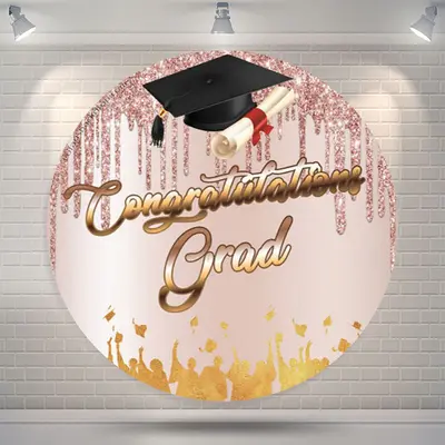 Aperturee Mortarboard Pink Glitter Round Congrats Grad Backdrop | Personalized Grad Backdrops | Grad Party Backdrop | Persona...