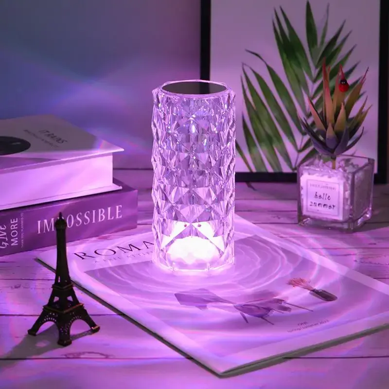 Artificial Crystal Table Lamp, RGB Color Changing Rose Diamond Table Light with Remote Control, USB Charging Touch Sensor Amb...