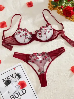 Women's Floral Embroidery Sheer Sexy Underwear Sets, Sexy Comfort Underwired Push Up Bra & Mesh Thongs, Summer Clothes 2024, ...