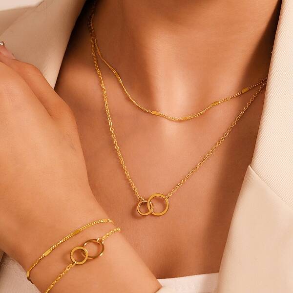 Interlocking Ring 304 Stainless Steel Double Layered Necklaces & Link Bracelets Sets