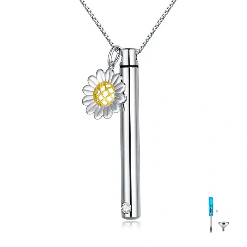 Sterling Silver Two-tone Cubic Zirconia Sunflower & Bar Urn Necklace for Ashes