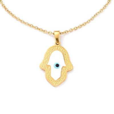 304 Stainless Steel Hamsa Hand with Evil Eye Pendant Necklaces